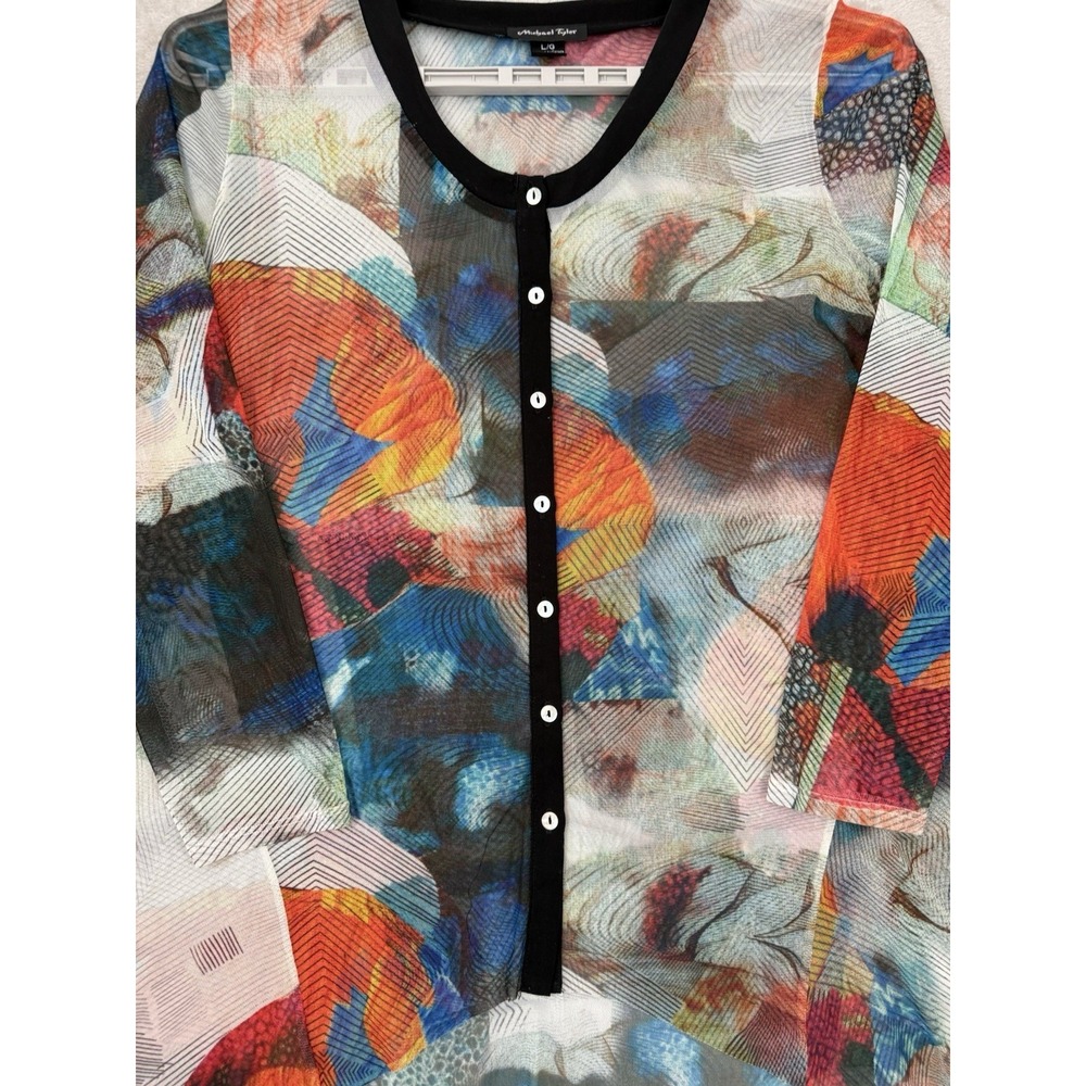 Michael Tyler Women  Large Multi Color Tunic Top Button Up People Bottom Sheer - Picture 2 of 10